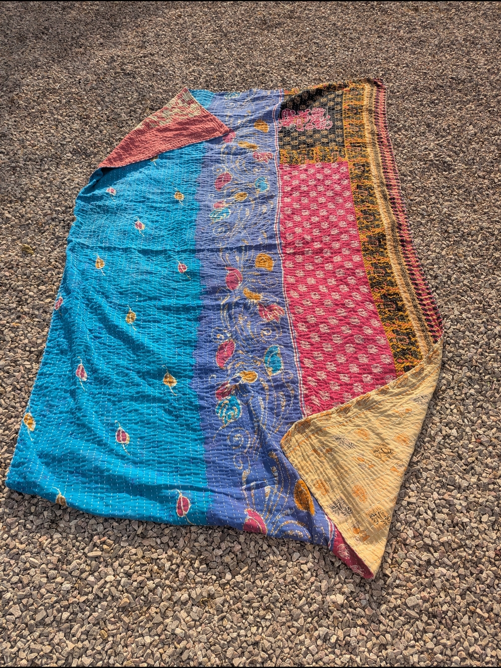Colorful Patchwork Kantha Quilt - Turquoise, Blue, Pink, Yellow